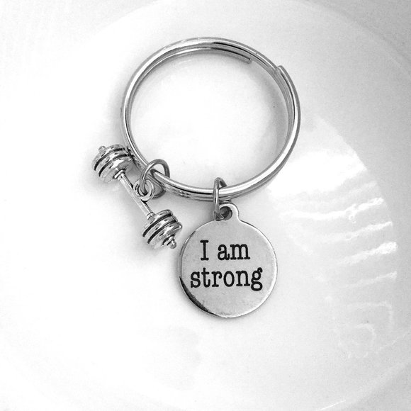 Miniature Barbell I am Strong Exercise Weight lifting Gym Charm Keyring Keychain - Picture 2 of 2